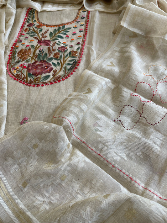 Beige Suit Set with Handpainting and Kantha Stitch Hand Embroidery in Chanderi - Masakalee