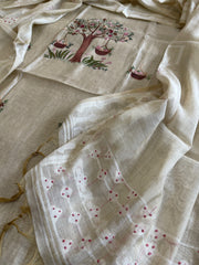 Beige Suit Set with Handpainting and Kantha Stitch Hand Embroidery in Chanderi - Masakalee
