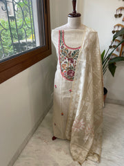 Beige Suit Set with Handpainting and Kantha Stitch Hand Embroidery in Chanderi - Masakalee