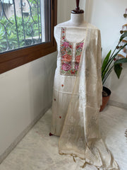 Beige Suit Set with Handpainting and Kantha Stitch Hand Embroidery in Chanderi - Masakalee