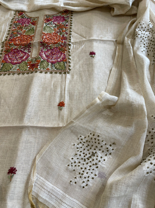 Beige Suit Set with Handpainting and Kantha Stitch Hand Embroidery in Chanderi - Masakalee