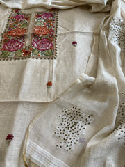 Beige Suit Set with Handpainting and Kantha Stitch Hand Embroidery in Chanderi - Masakalee