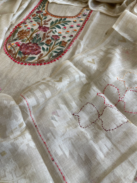 Beige Suit Set with Handpainting and Kantha Stitch Hand Embroidery in Chanderi - Masakalee