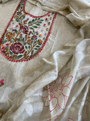 Beige Suit Set with Handpainting and Kantha Stitch Hand Embroidery in Chanderi - Masakalee