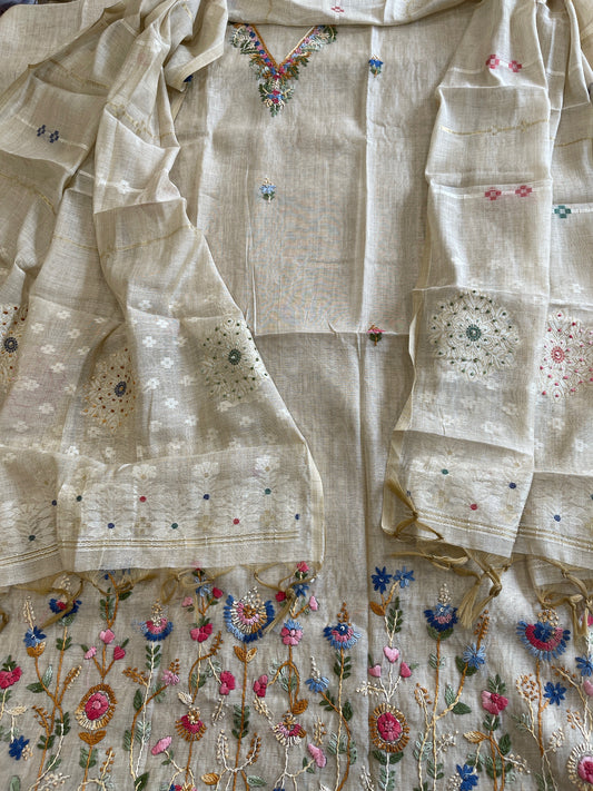 Beige Suit Set with Knot Work in Chanderi - Masakalee