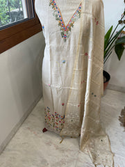 Beige Suit Set with Knot Work in Chanderi - Masakalee