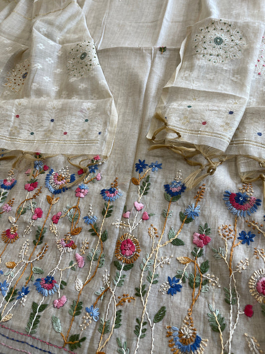 Beige Suit Set with Knot Work in Chanderi - Masakalee