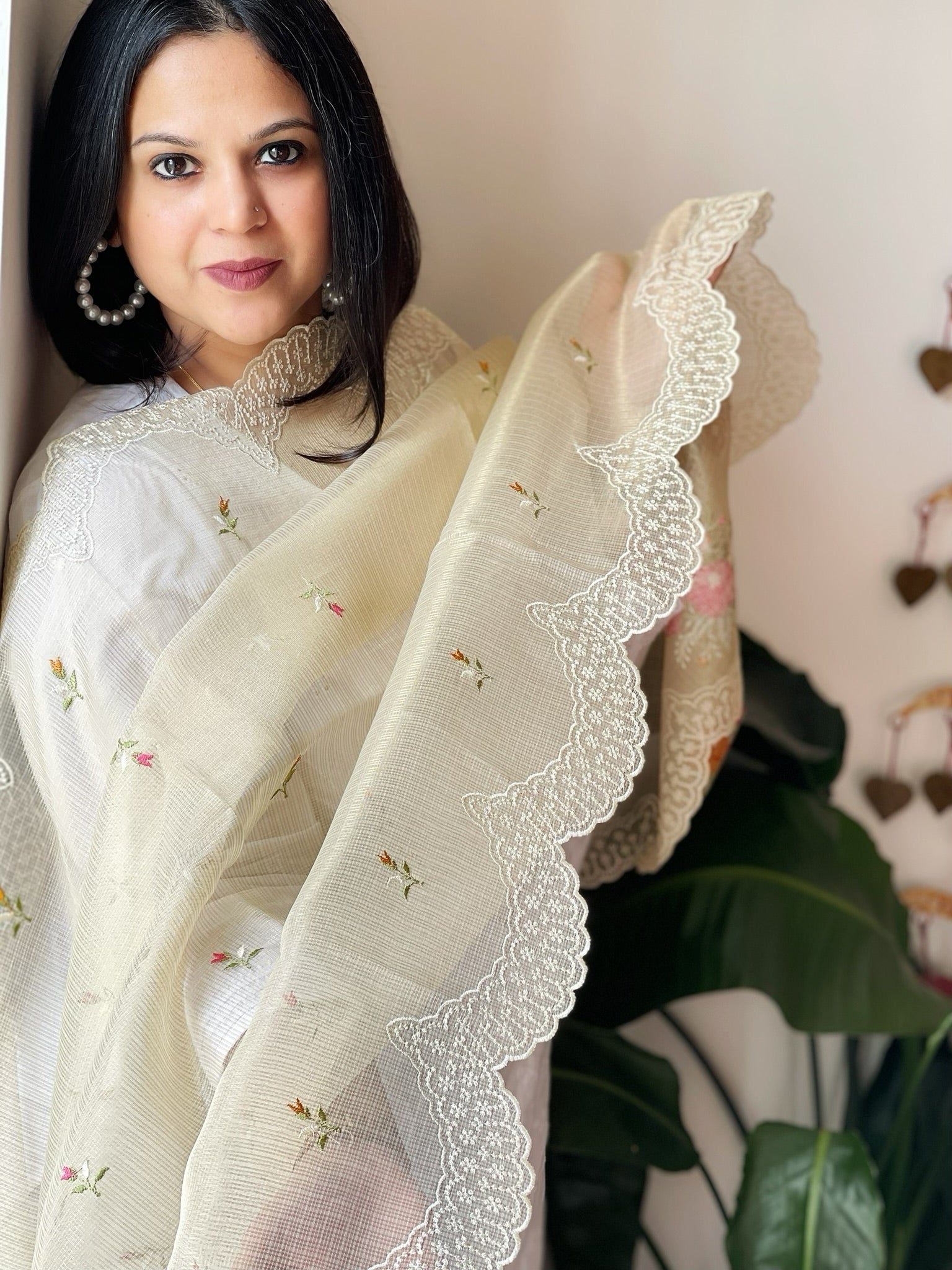 Beige Tissue Organza Dupatta with cross - stitch embroidery - Masakalee