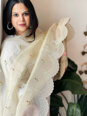 Beige Tissue Organza Dupatta with cross - stitch embroidery - Masakalee