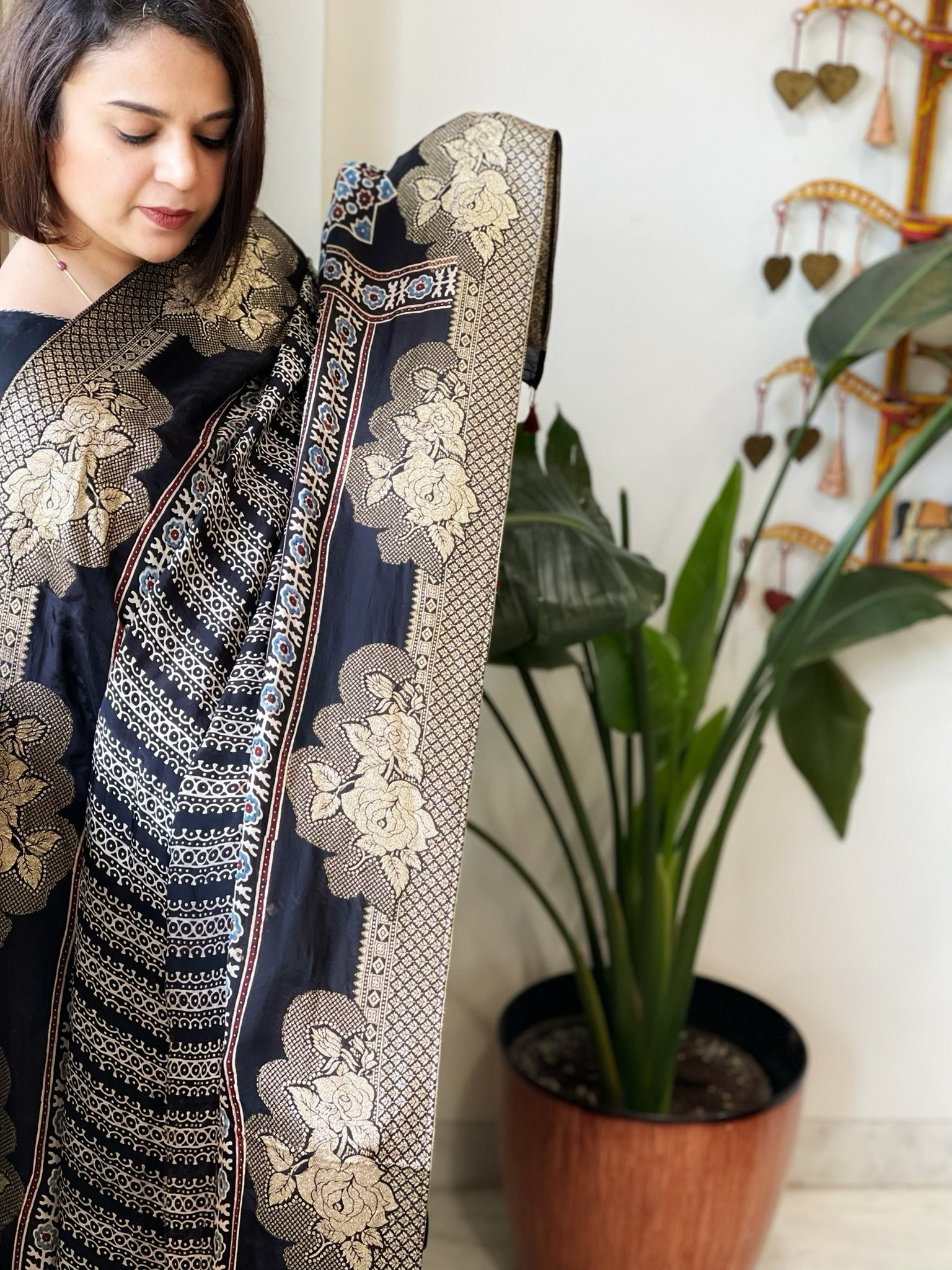 Black Ajrakh Handblock Printed Organza Crepe Dupatta with Banarasi Border - Masakalee