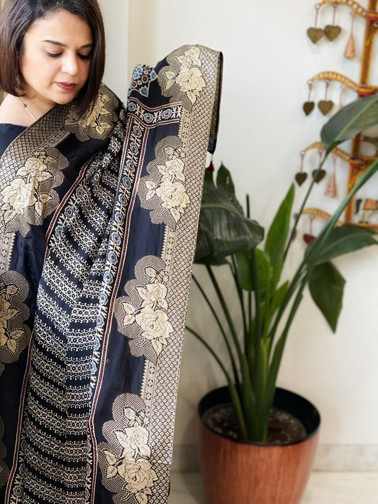 Black Ajrakh Handblock Printed Organza Crepe Dupatta with Banarasi Border - Masakalee