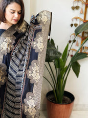 Black Ajrakh Handblock Printed Organza Crepe Dupatta with Banarasi Border - Masakalee