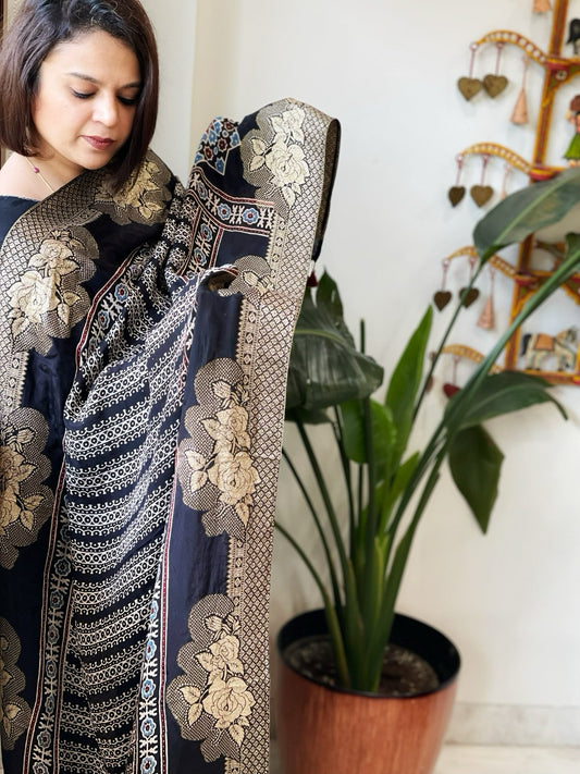 Black Ajrakh Handblock Printed Organza Crepe Dupatta with Banarasi Border - Masakalee