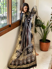 Black Ajrakh Handblock Printed Organza Crepe Dupatta with Banarasi Border - Masakalee