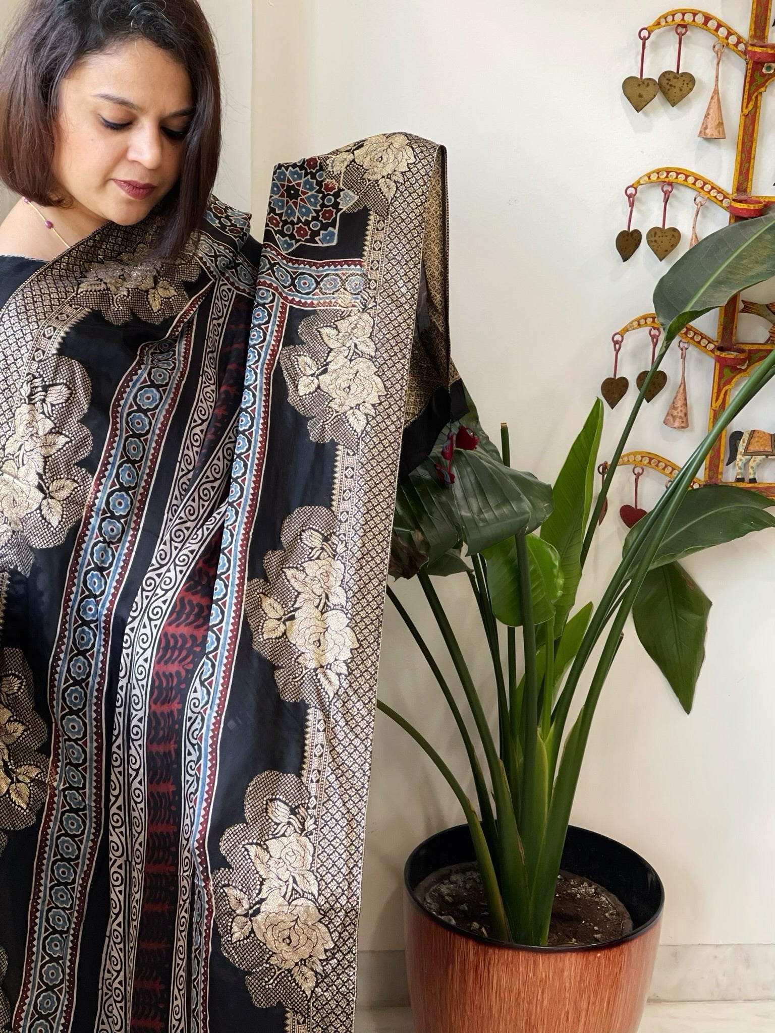 Black Ajrakh Handblock Printed Organza Crepe Dupatta with Banarasi Border - Masakalee