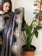 Black Ajrakh Handblock Printed Organza Crepe Dupatta with Banarasi Border - Masakalee