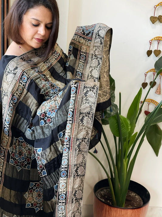 Black Ajrakh Handblock Printed Organza Crepe Dupatta with Banarasi Border - Masakalee