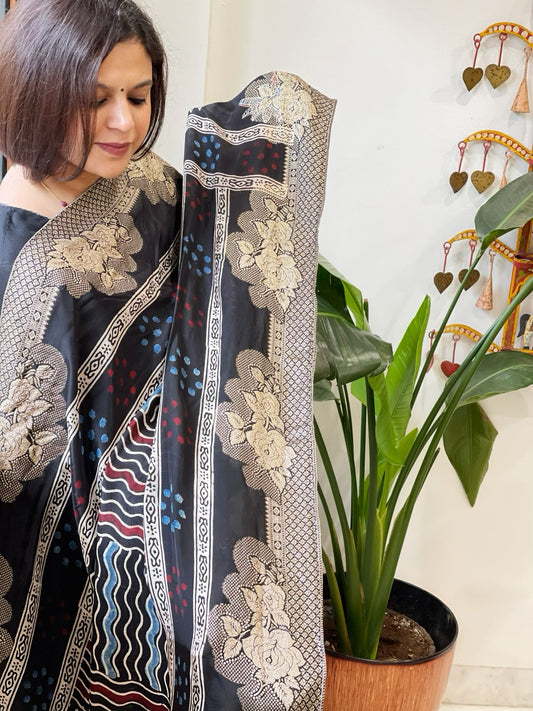 Black Ajrakh Handblock Printed Organza Dupatta with Banarasi Border - Masakalee