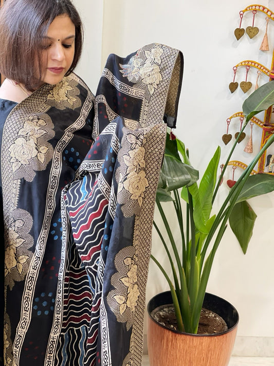 Black Ajrakh Handblock Printed Organza Dupatta with Banarasi Border - Masakalee