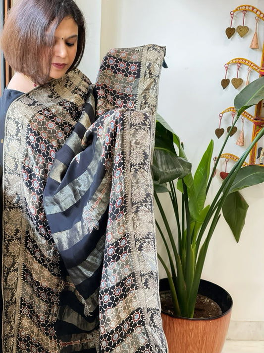 Black Ajrakh Handblock Printed Organza Dupatta with Banarasi Border - Masakalee