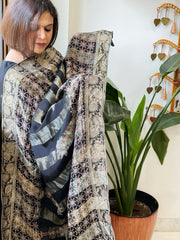 Black Ajrakh Handblock Printed Organza Dupatta with Banarasi Border - Masakalee