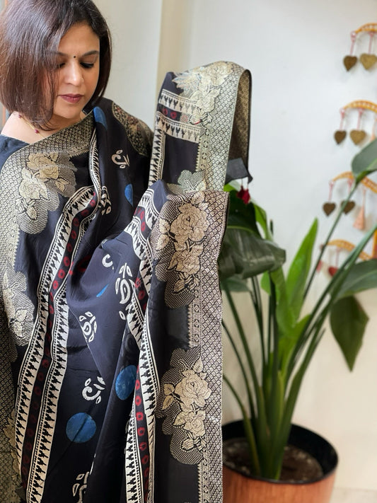 Black Ajrakh Handblock Printed Organza Dupatta with Banarasi Border - Masakalee