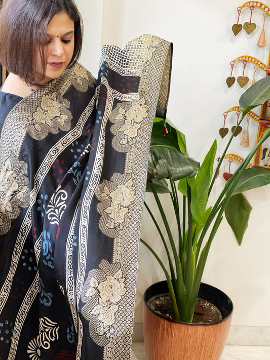 Black Ajrakh Handblock Printed Organza Dupatta with Banarasi Border - Masakalee