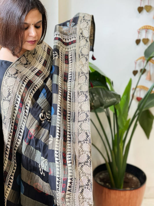 Black Ajrakh Handblock Printed Organza Dupatta with Banarasi Border - Masakalee