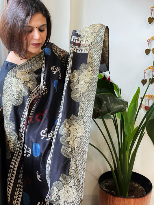 Black Ajrakh Handblock Printed Organza Dupatta with Banarasi Border - Masakalee
