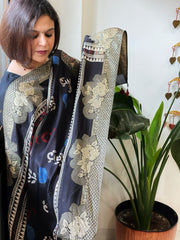 Black Ajrakh Handblock Printed Organza Dupatta with Banarasi Border - Masakalee