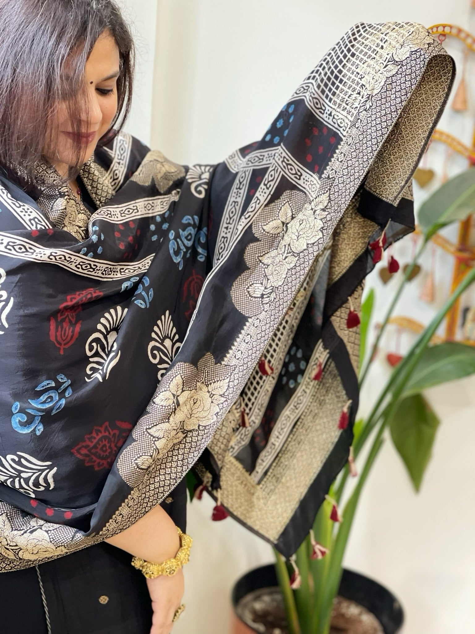 Black Ajrakh Handblock Printed Organza Dupatta with Banarasi Border - Masakalee