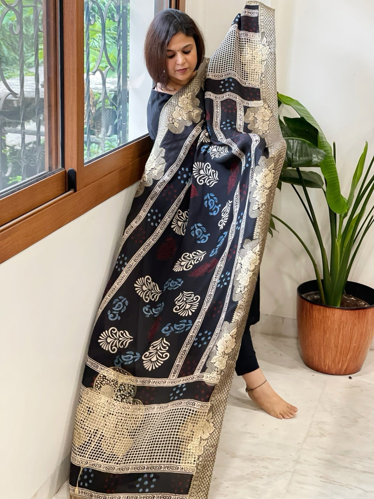 Black Ajrakh Handblock Printed Organza Dupatta with Banarasi Border - Masakalee