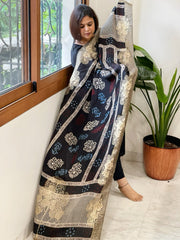 Black Ajrakh Handblock Printed Organza Dupatta with Banarasi Border - Masakalee
