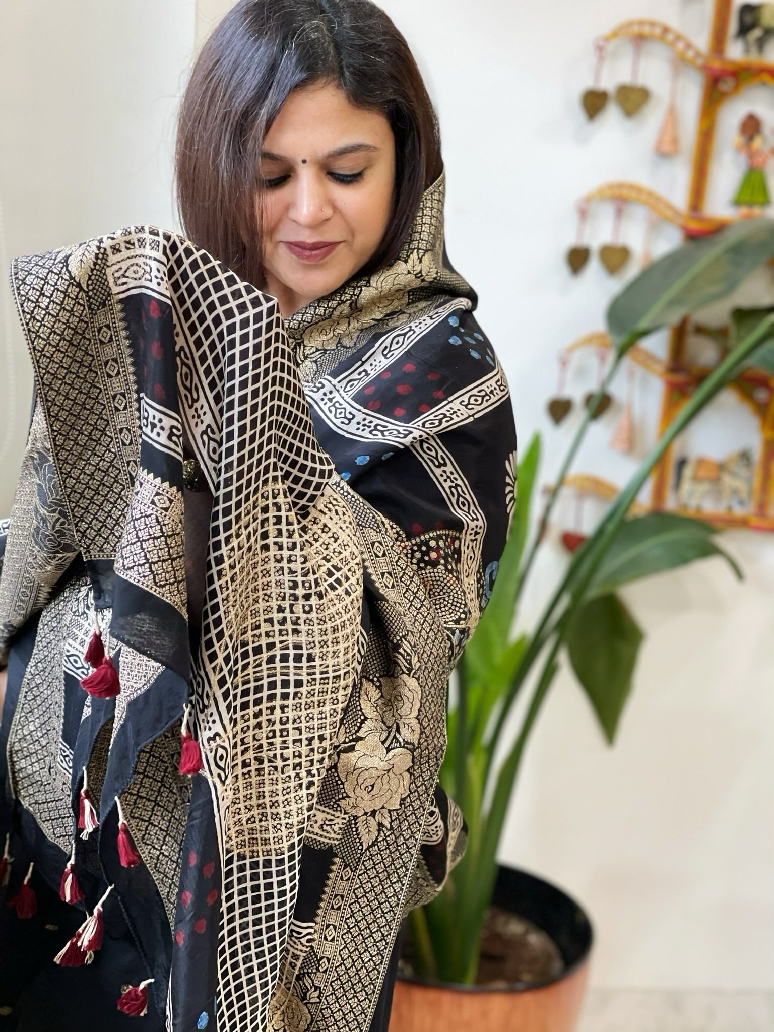 Black Ajrakh Handblock Printed Organza Dupatta with Banarasi Border - Masakalee