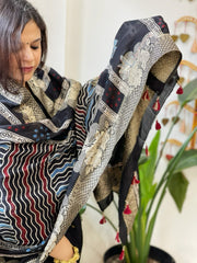 Black Ajrakh Handblock Printed Organza Dupatta with Banarasi Border - Masakalee