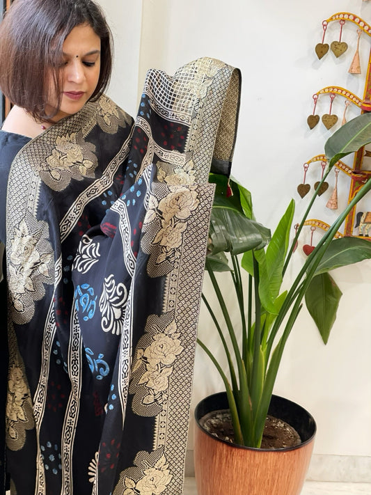 Black Ajrakh Handblock Printed Organza Dupatta with Banarasi Border - Masakalee