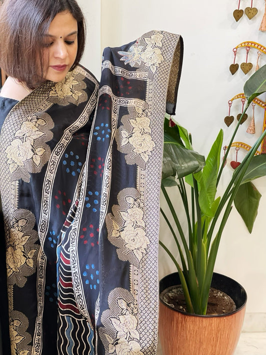 Black Ajrakh Handblock Printed Organza Dupatta with Banarasi Border - Masakalee