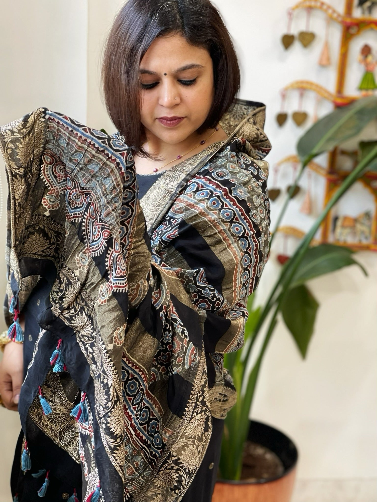 Black Ajrakh Handblock Printed Organza Dupatta with Banarasi Border - Masakalee