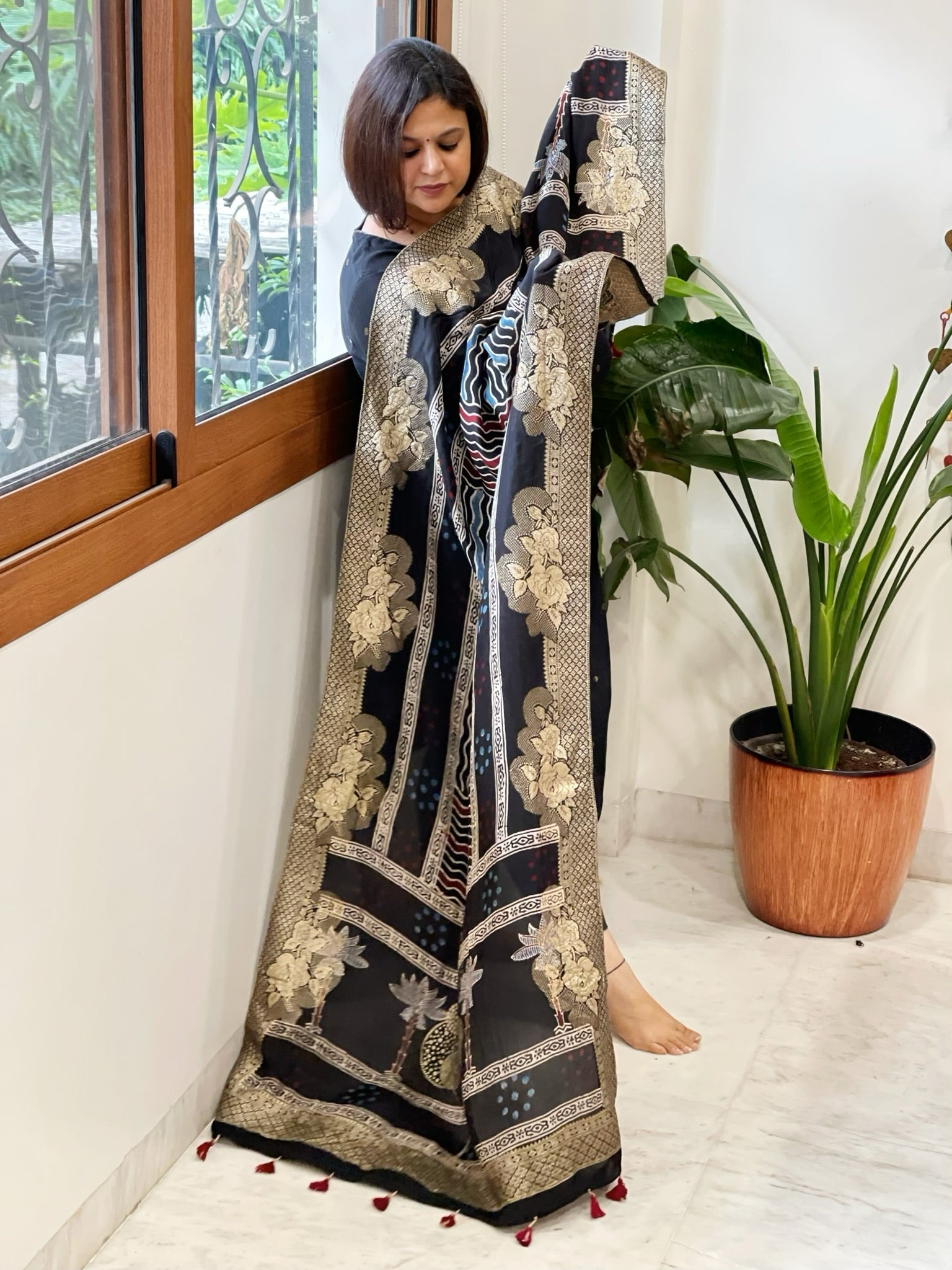Black Ajrakh Handblock Printed Organza Dupatta with Banarasi Border - Masakalee
