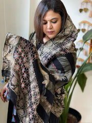 Black Ajrakh Handblock Printed Organza Dupatta with Banarasi Border - Masakalee