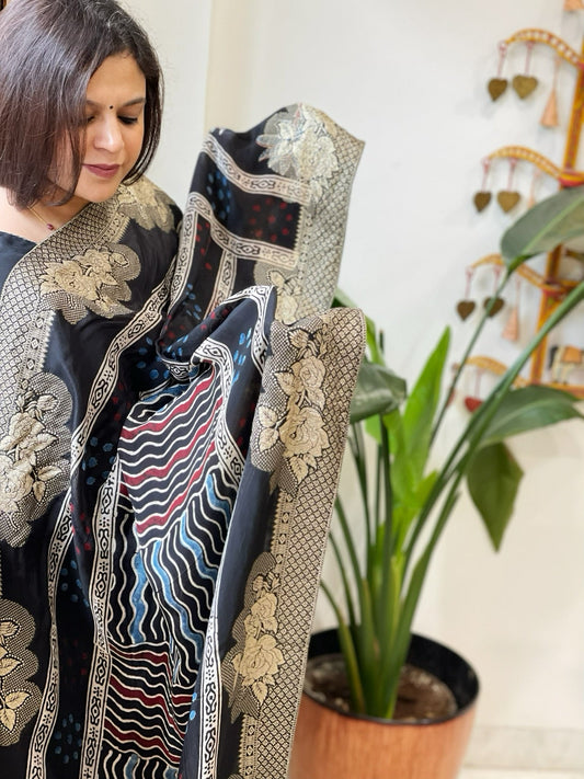 Black Ajrakh Handblock Printed Organza Dupatta with Banarasi Border - Masakalee