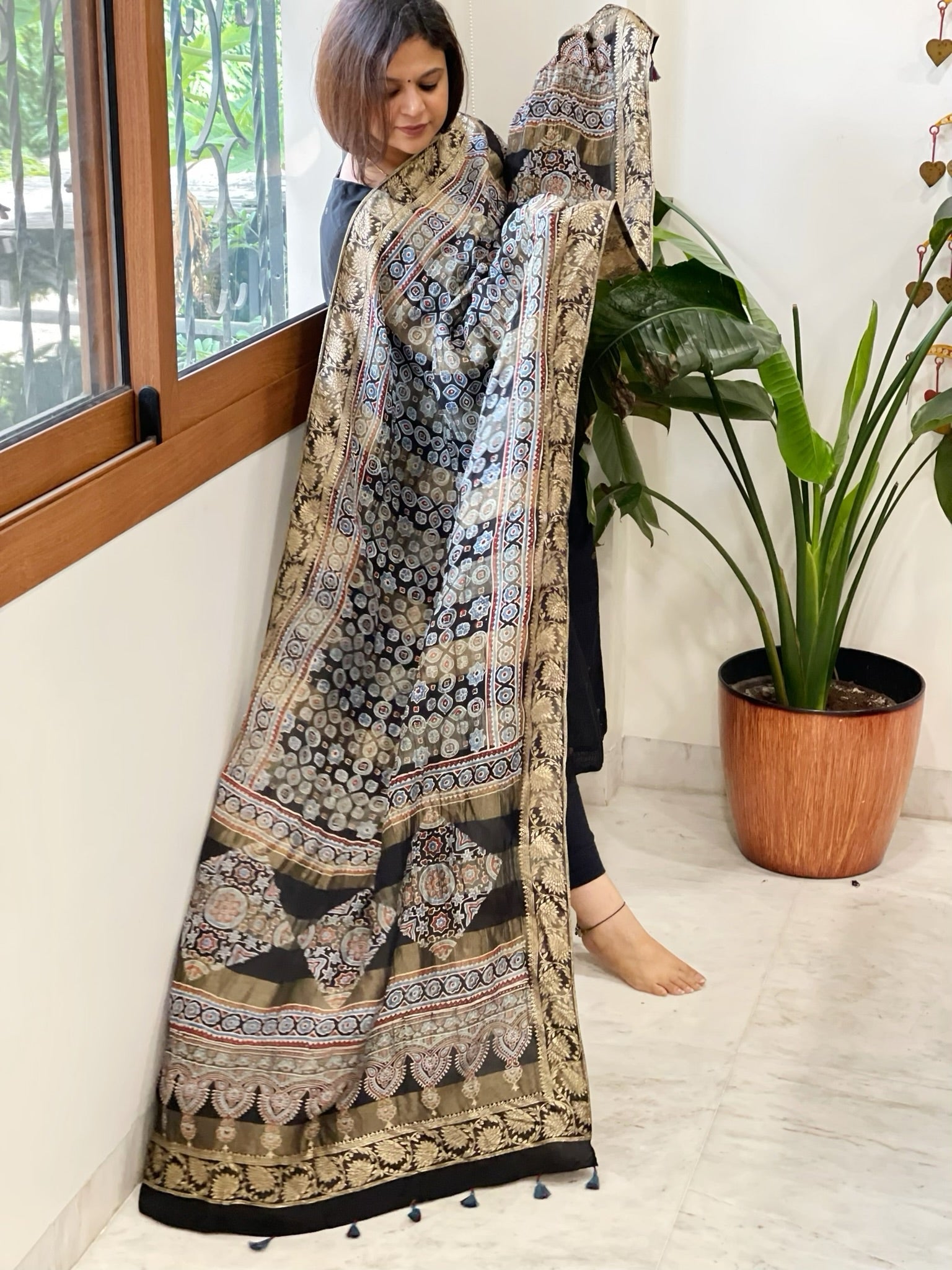 Black Ajrakh Handblock Printed Organza Dupatta with Banarasi Border - Masakalee