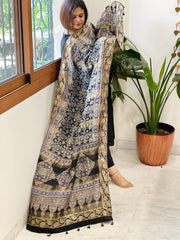 Black Ajrakh Handblock Printed Organza Dupatta with Banarasi Border - Masakalee