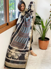 Black Ajrakh Handblock Printed Organza Dupatta with Banarasi Border - Masakalee