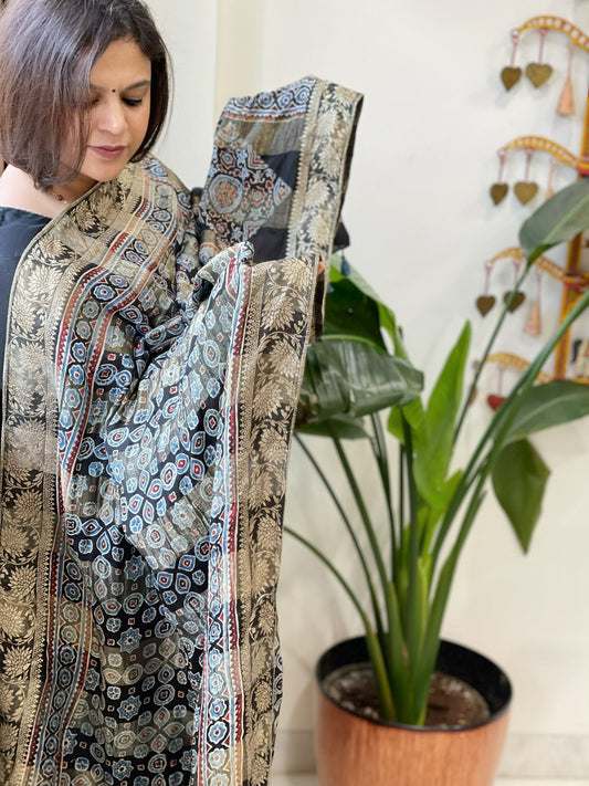 Black Ajrakh Handblock Printed Organza Dupatta with Banarasi Border - Masakalee