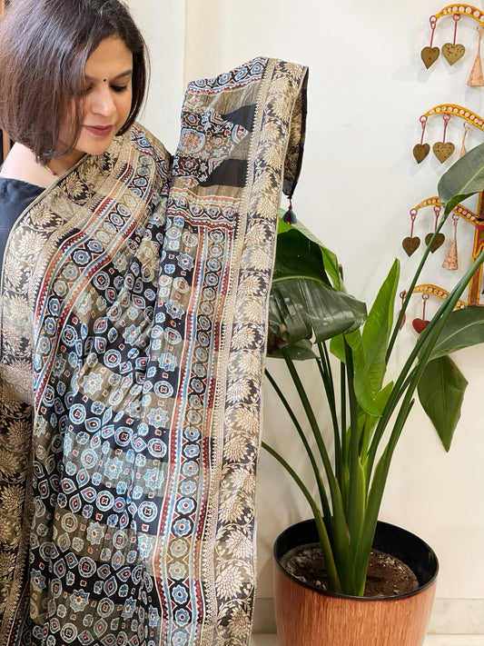 Black Ajrakh Handblock Printed Organza Dupatta with Banarasi Border - Masakalee
