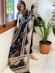 Black Ajrakh Handblock Printed Organza Dupatta with Banarasi Border - Masakalee