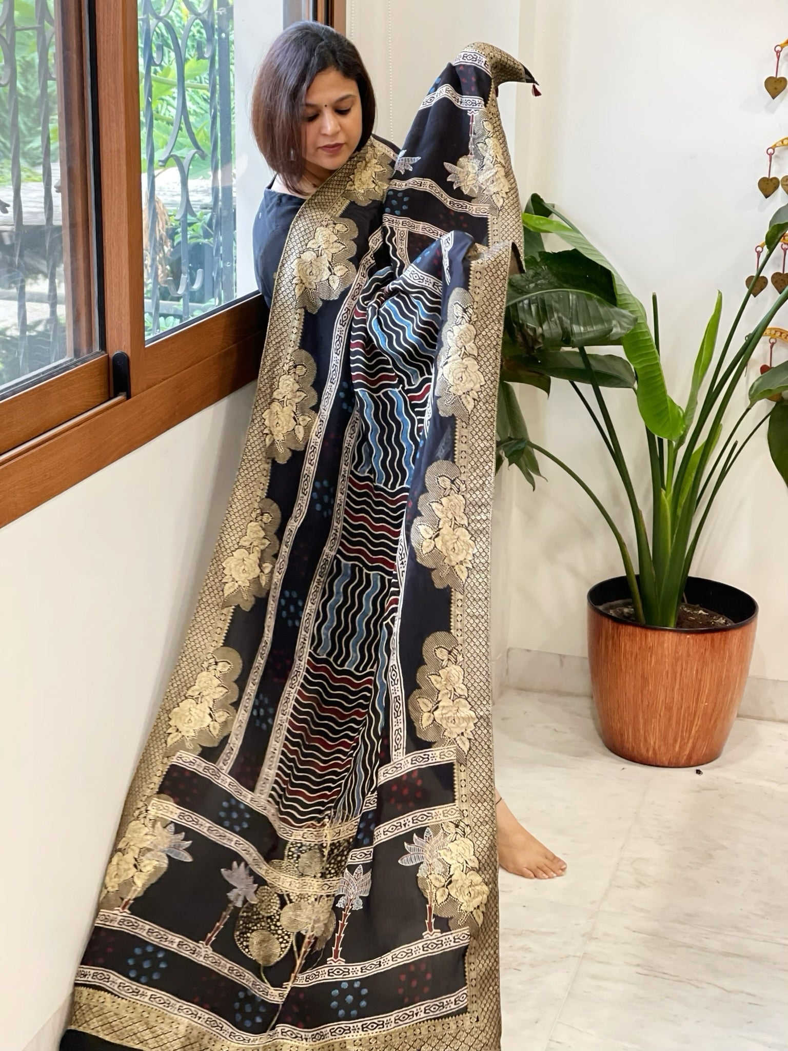 Black Ajrakh Handblock Printed Organza Dupatta with Banarasi Border - Masakalee