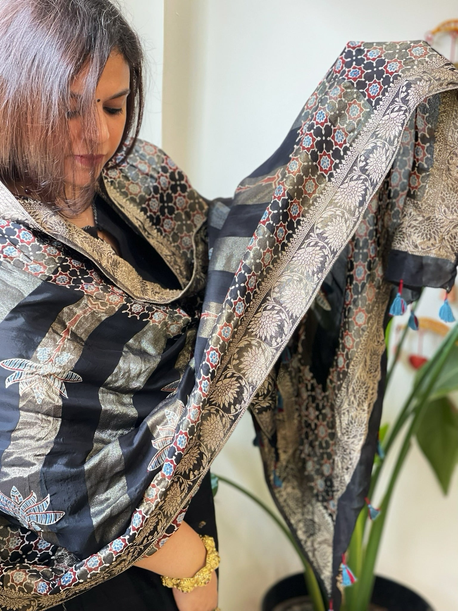 Black Ajrakh Handblock Printed Organza Dupatta with Banarasi Border - Masakalee