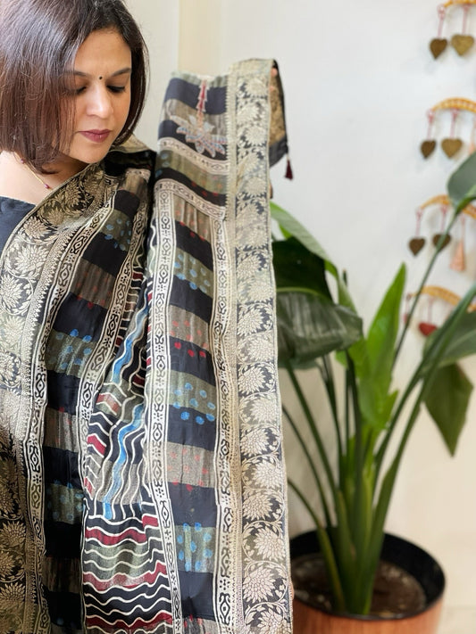 Black Ajrakh Handblock Printed Organza Dupatta with Banarasi Border - Masakalee